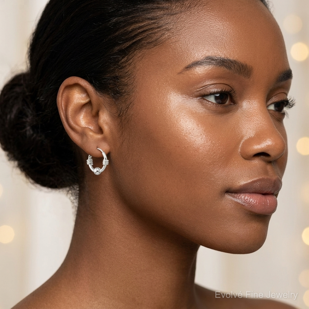 Sterling Silver Polished Beaded Circle Endless Hoop Earrings - Model Shot
