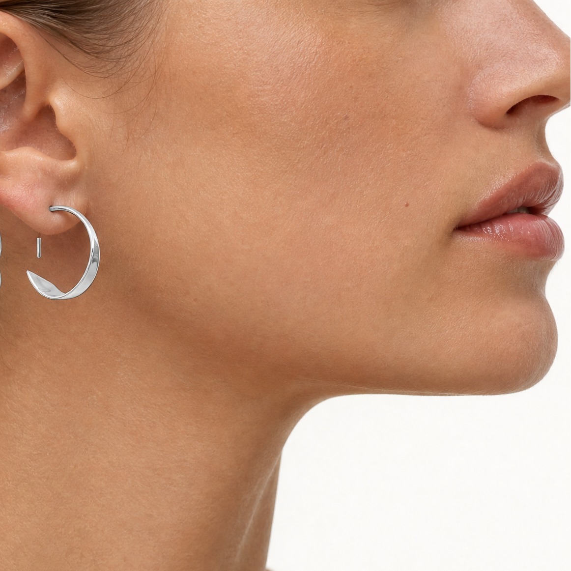 Sterling Silver Rhodium-plated Polished Flat Bar Hoop Threader Earrings - Model Shot