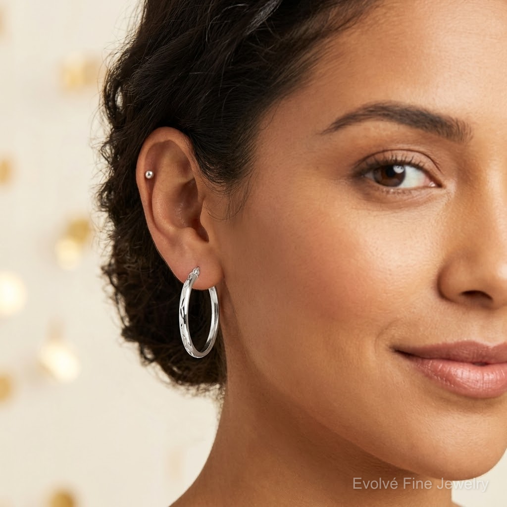 Sterling Silver Polished and Diamond-cut Circle Hoop Earrings - Model Shot