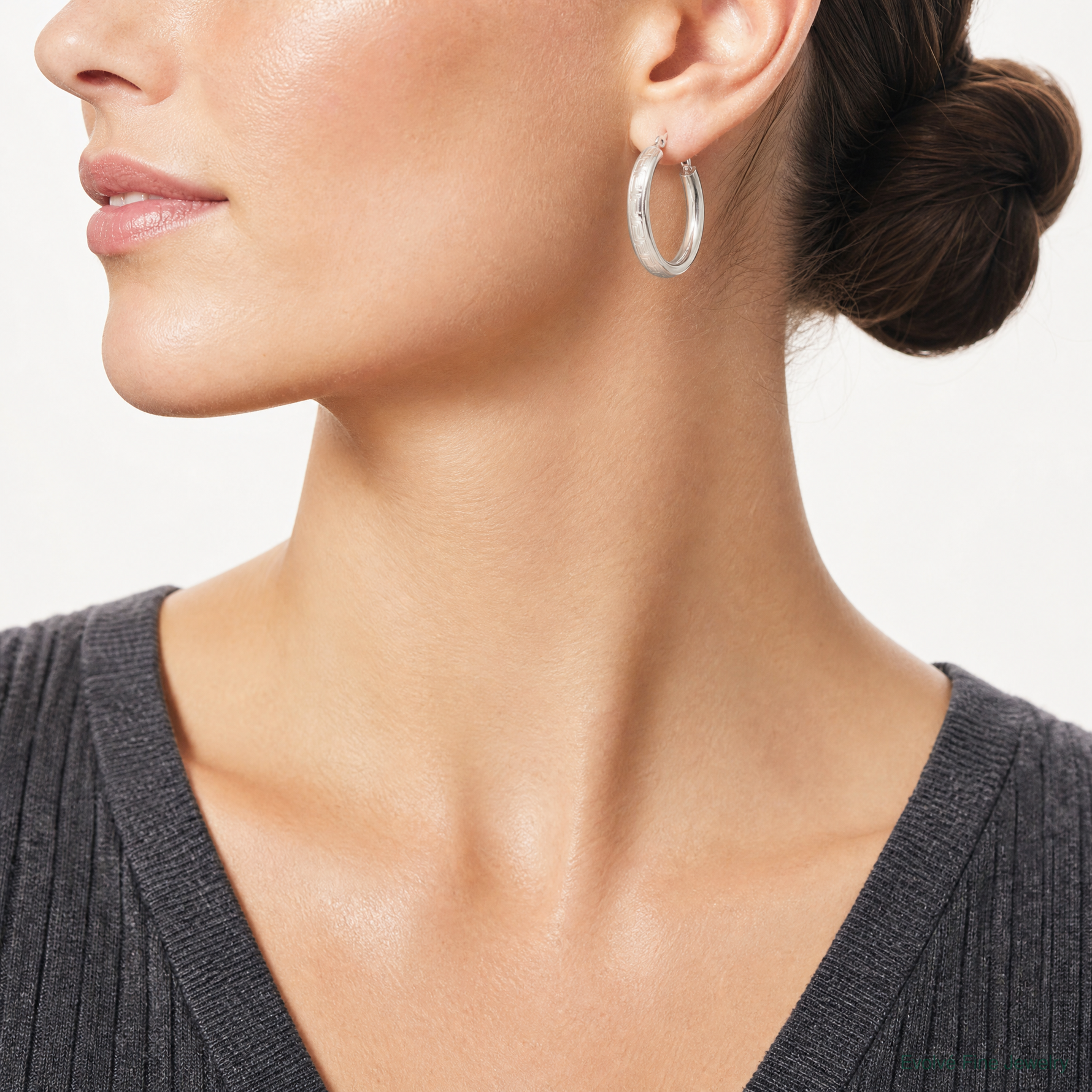 Sterling Silver Polished Greek Key Circle Hoop Earrings - Model Shot