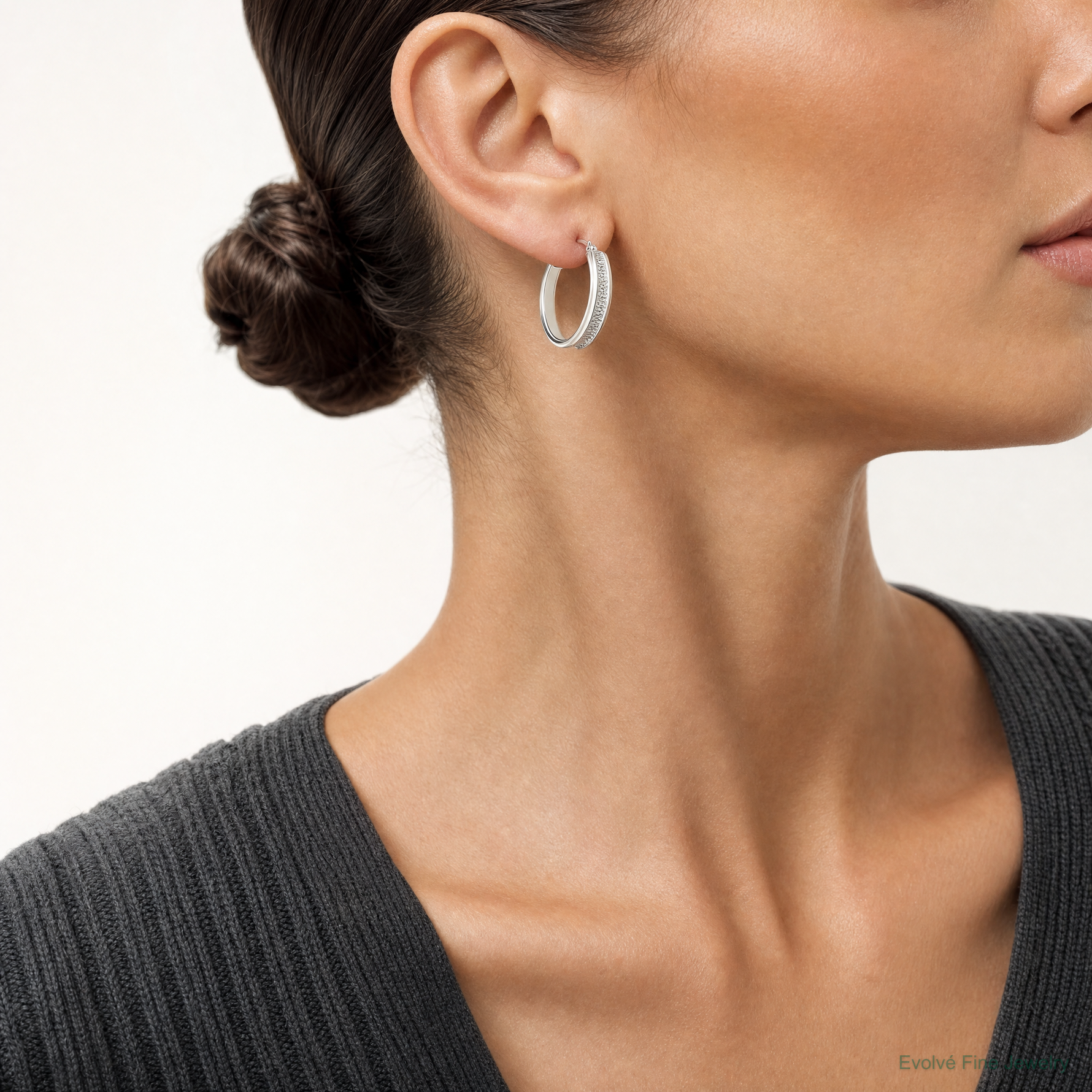 Sterling Silver Polished and Textured Circle Hoop Earrings - Model Shot