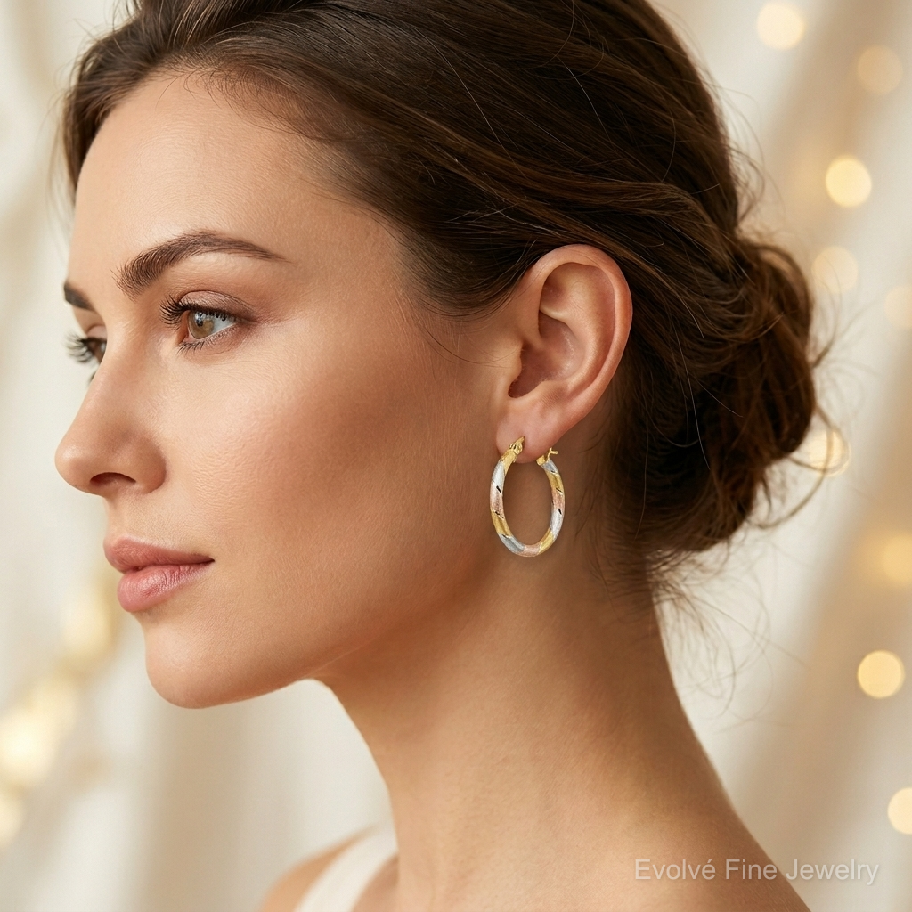 Sterling Silver Gold and Rose-tone Diamond-cut Circle Hoop Earrings - Model Shot