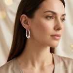 Sterling Silve Rhodium-plated Polished Hollow Oval Hoop Earrings - Model Shot