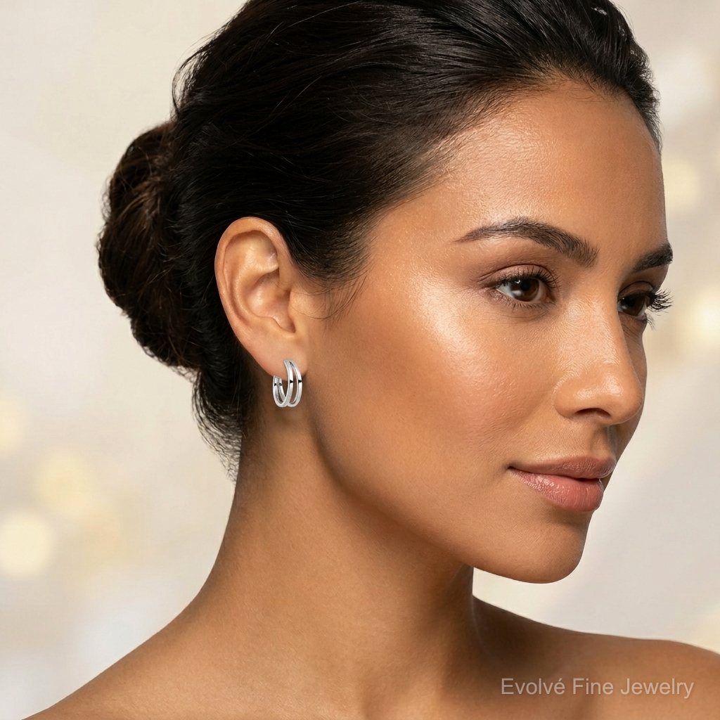 Sterling Silver Rhodium Plated Split Design Hoop Post Earrings - Model Shot