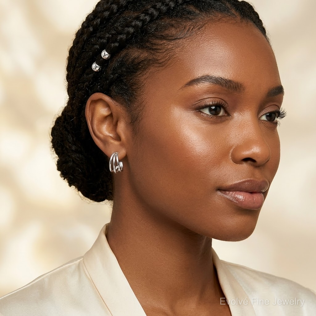 Sterling Silver Rhodium-plated Polished J-Hoop Post Earrings - Model Shot