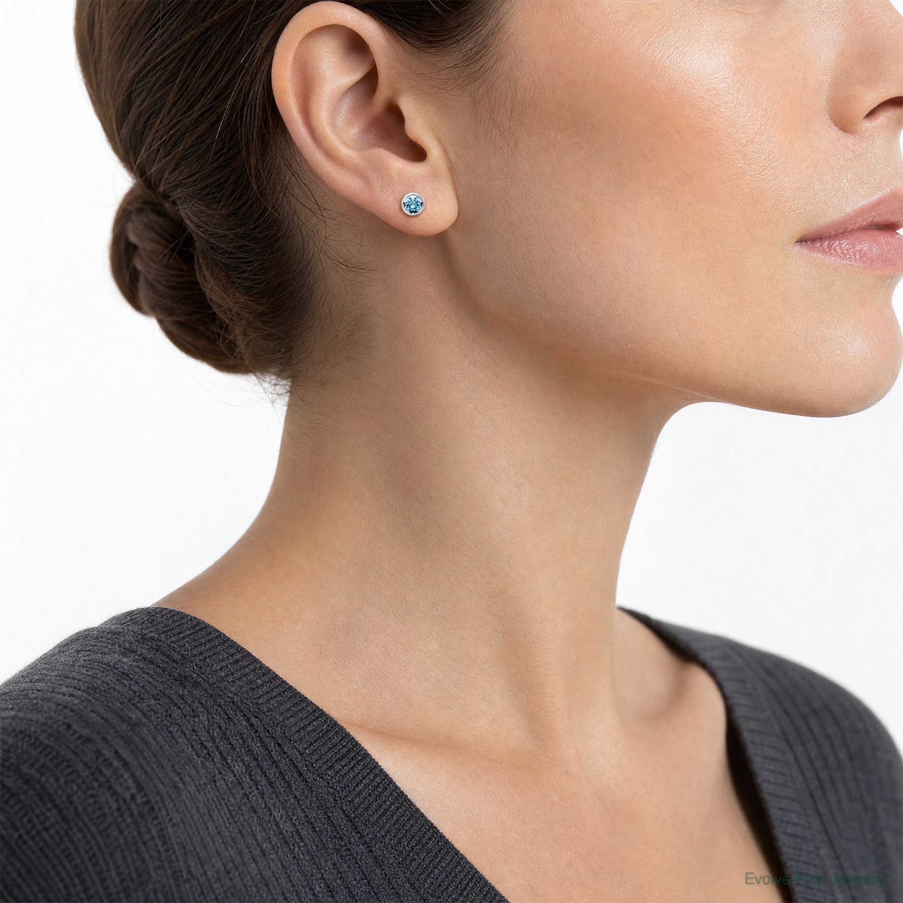 Sterling Silver Rhodium-plated Polished Blue Crystal Bezel Stud Earrings - Model Shot