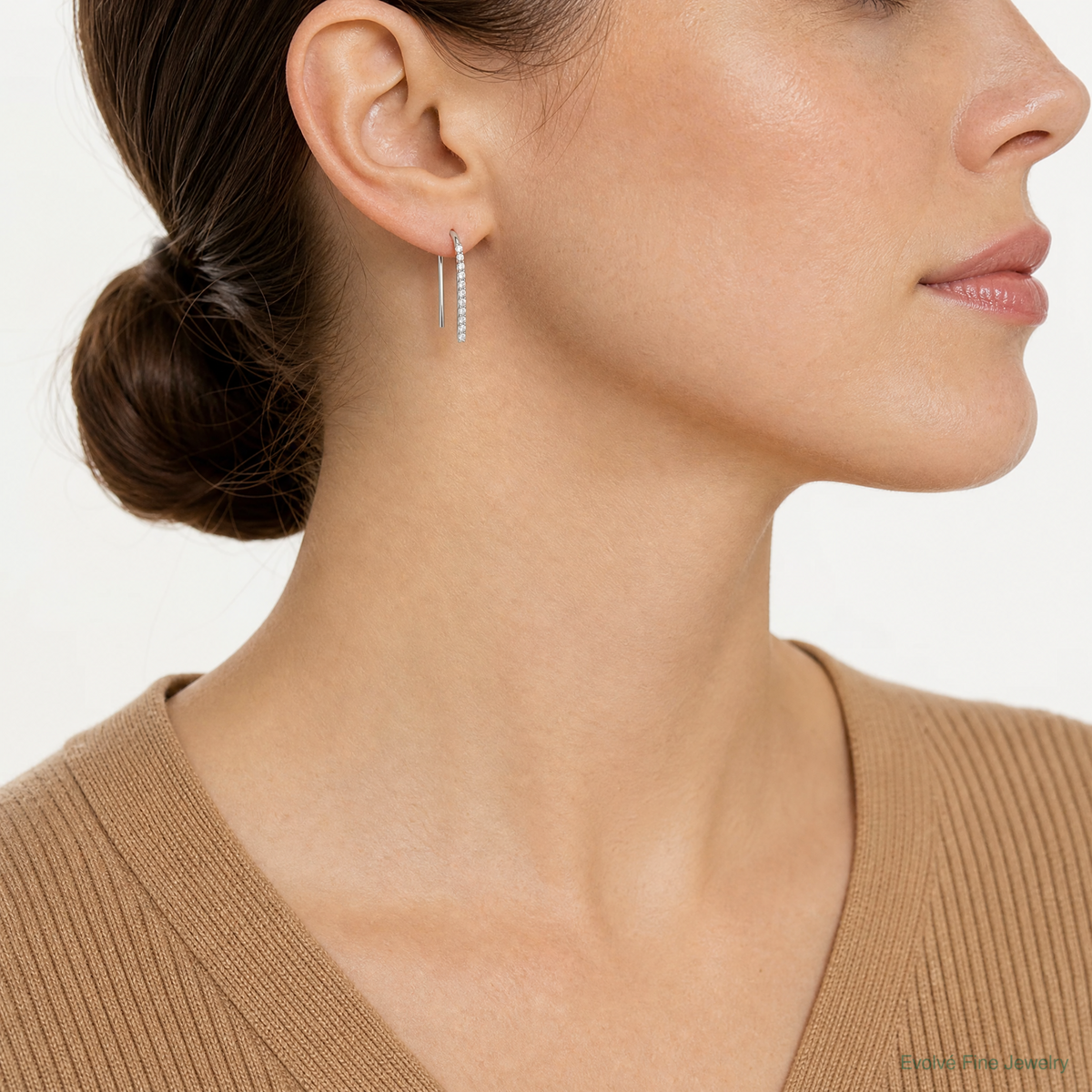 Sterling Silver Polished CZ Threader Earrings - Model Shot