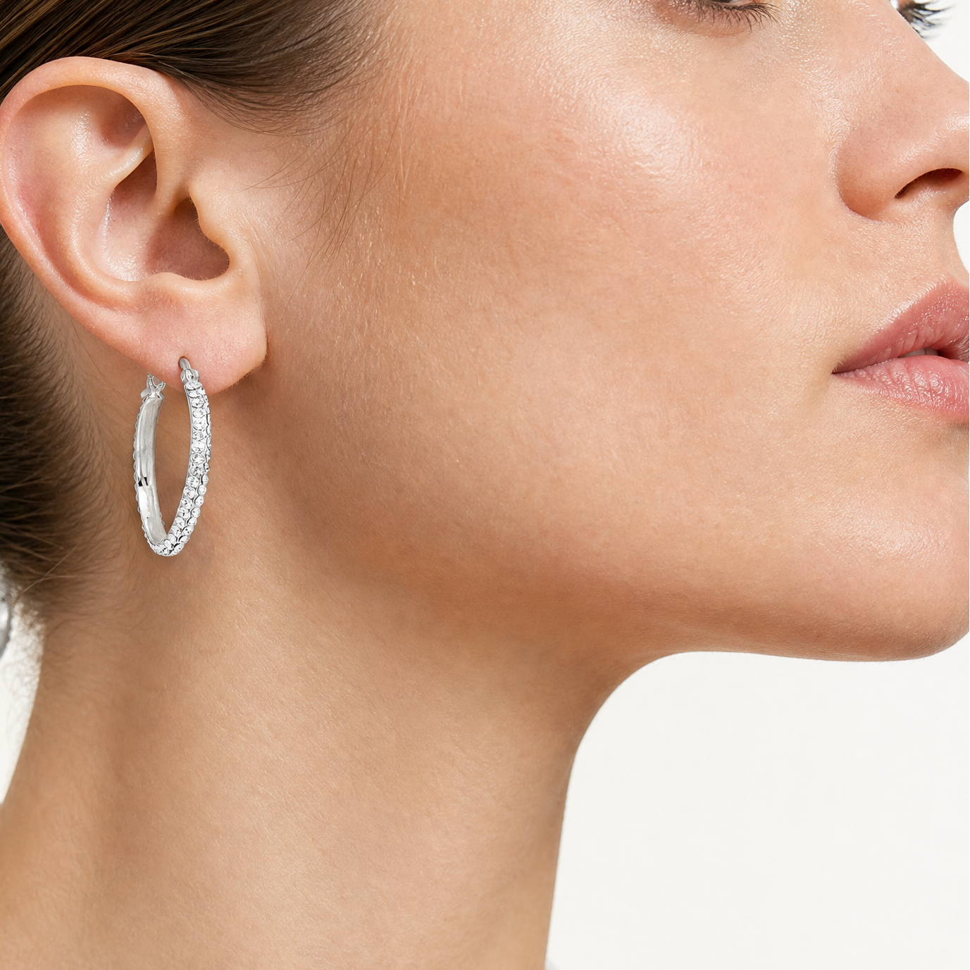 Sterling Silver CZ Oval Hoop Earrings - Model Shot