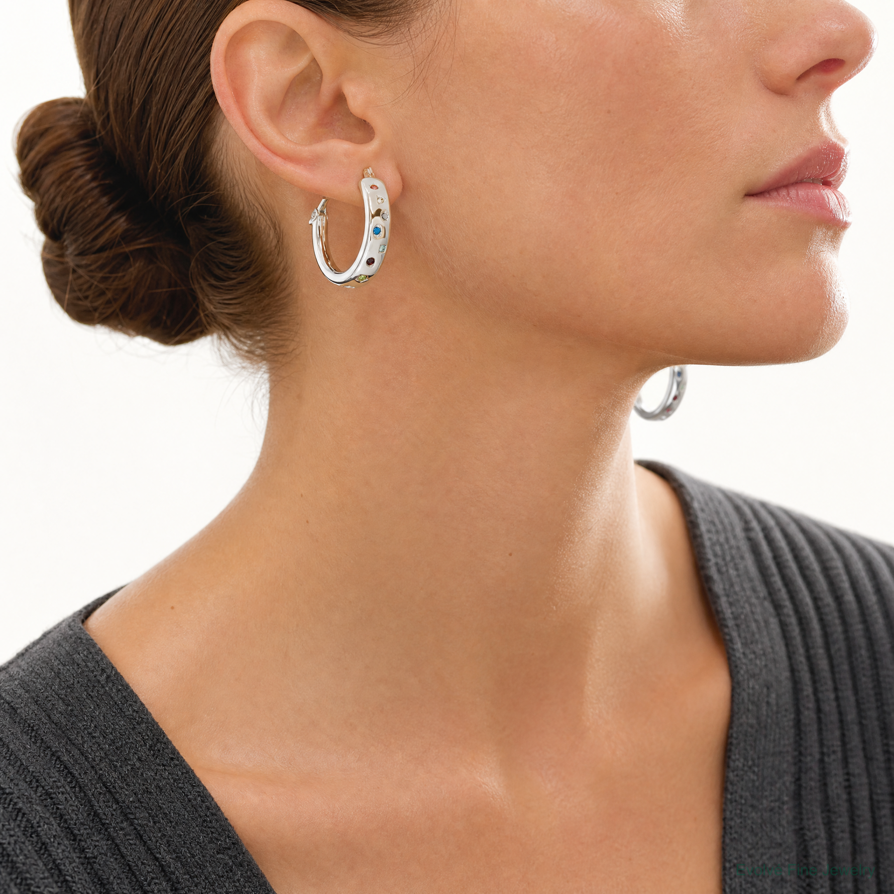 Sterling Silver Polished Multi-color CZ Circle Hoop Earrings - Model Shot