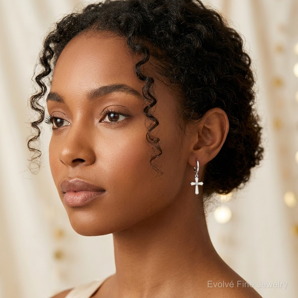 Sterling Silver RH-plated CZ White Enamel Cross Dangle Hoop Earrings - Model Shot