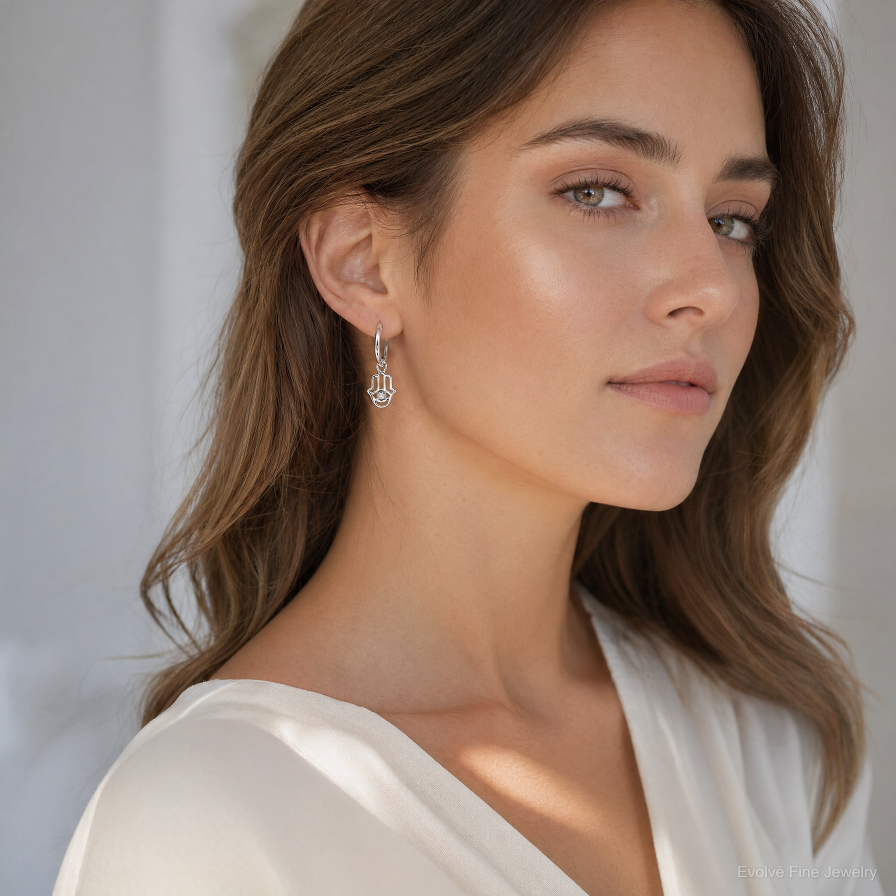 Sterling Silver Polished CZ Hamsa Dangle Endless Round Hoop Earrings - Model Shot