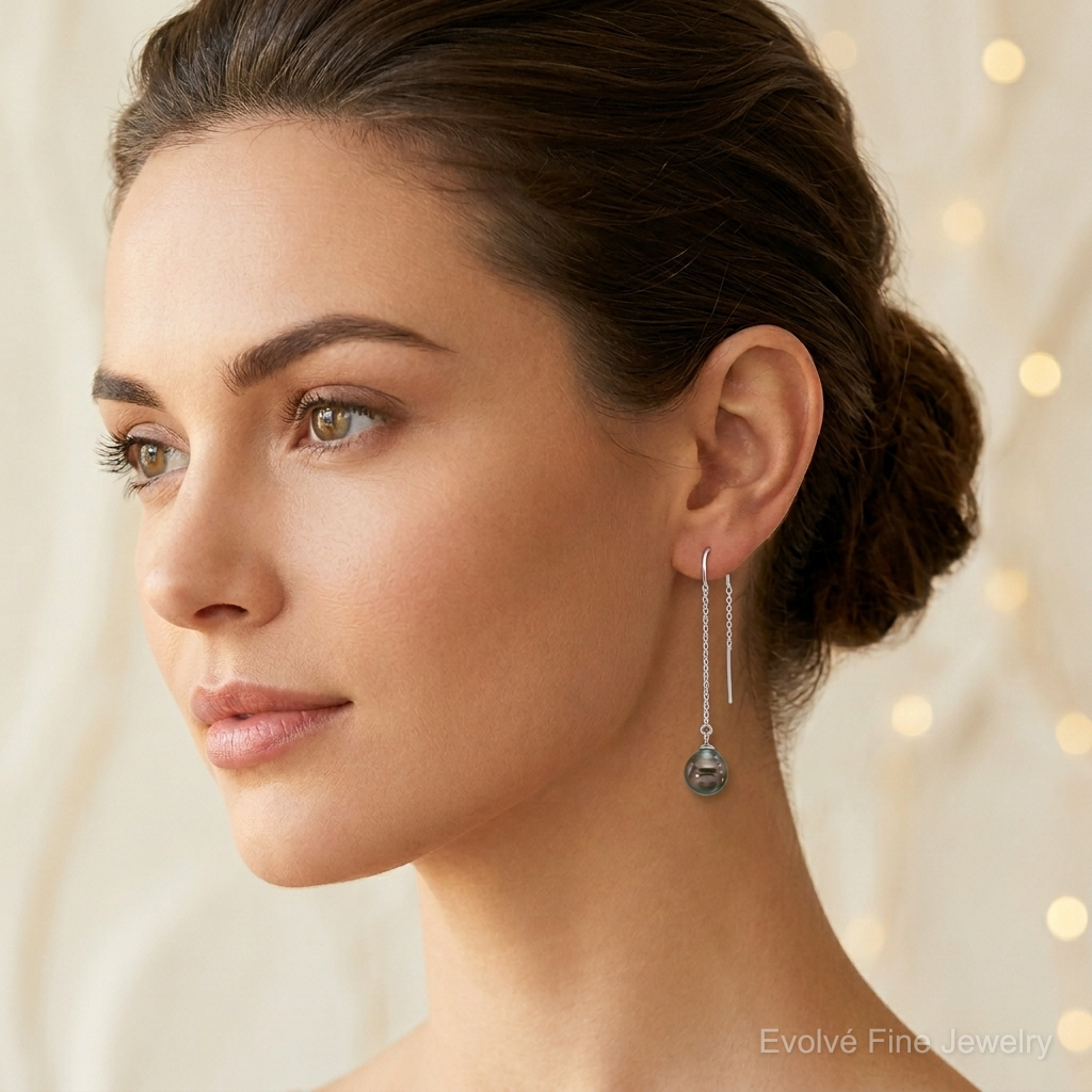 Sterling Silver Rhodium-plated Black Tahitian Pearl Threader Earrings - Model Shot