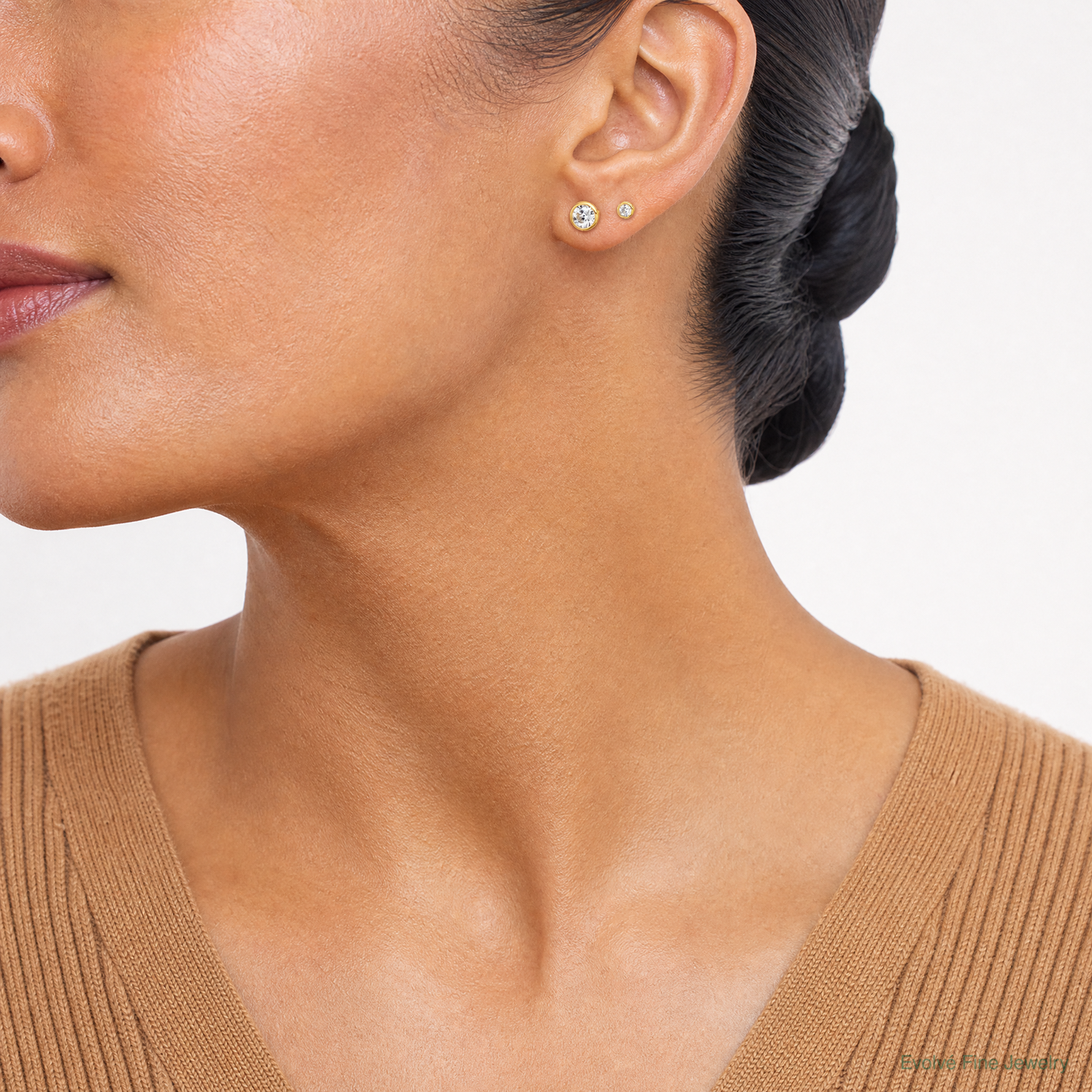 Sterling Silver Gold-tone 3mm and 5mm CZ Bezel Post Earrings Set - Model Shot