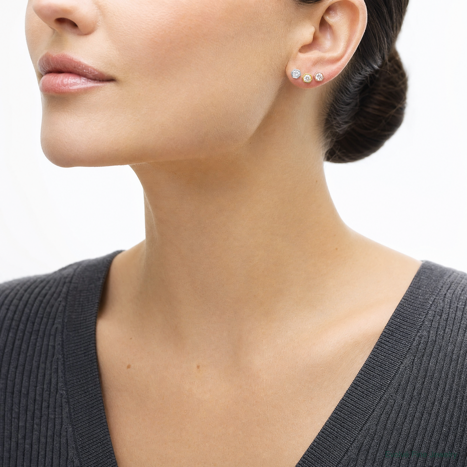 Sterling Silver RH-plated Rose and Gold-tone CZ Set of 3 Post Earring Set - Model Shot