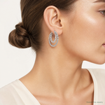 Sterling Silver Rhod-plated D/C Beaded Double Hoop Earrings - Model Shot