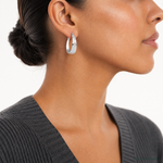 Sterling Silver RH-plated Sparkle Texture Tapered Round Hoop Earrings - Model Shot