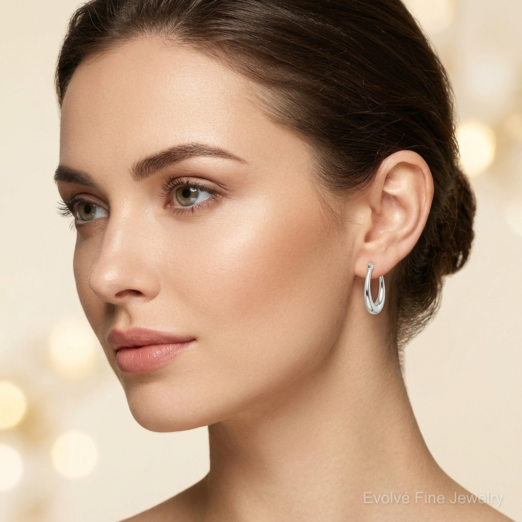 Sterling Silver Polished Oval Hoop Earrings - Model Shot