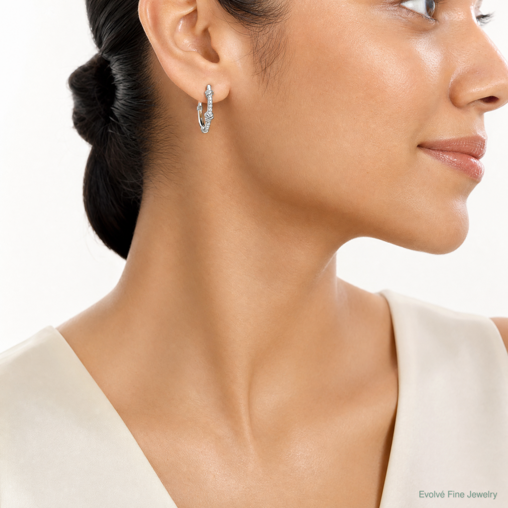 Sterling Silver E-Coating Polished CZ Knot C-Hoop Earrings - Model Shot