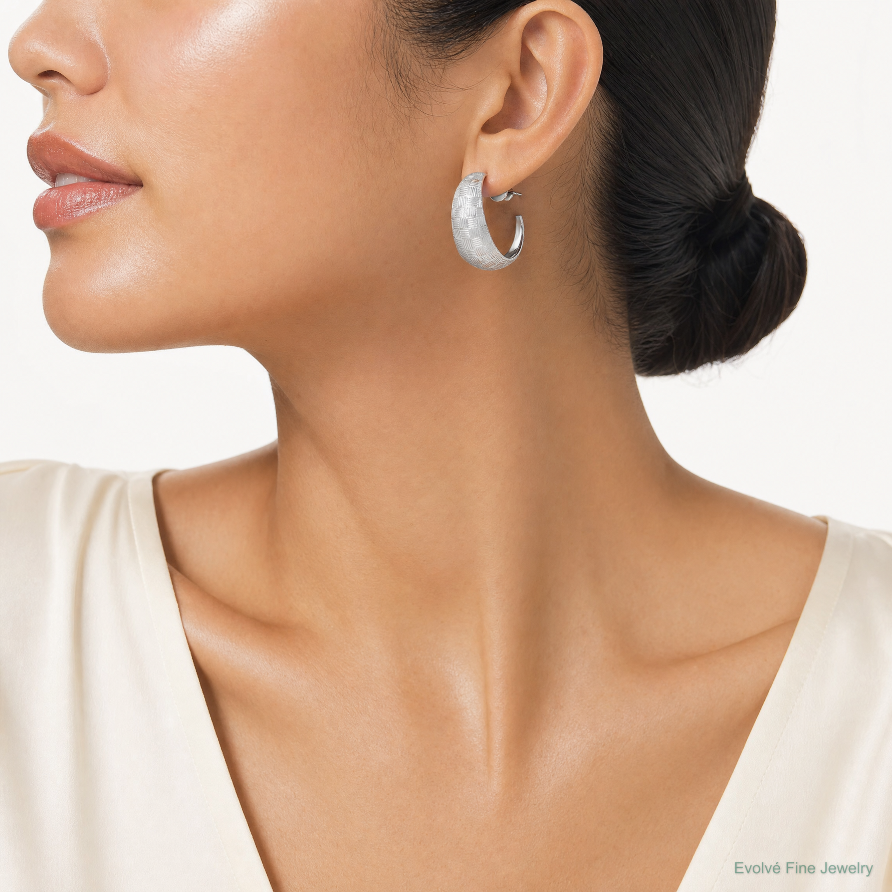 Sterling Silver Rhodium-plated Polish Textured C-Hoop Post Earrings - Model Shot