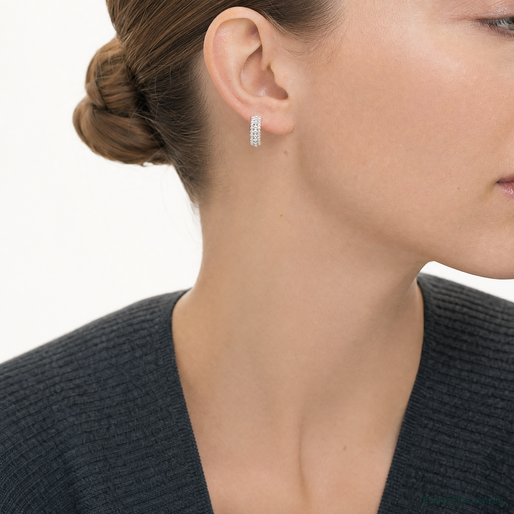 Sterling Silver E-coated Beaded C-Hoop Earrings - Model Shot