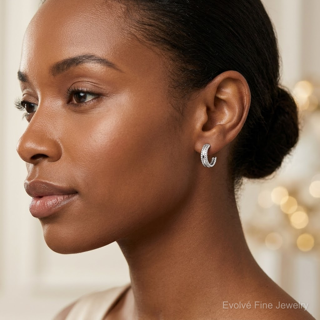 Sterling Silver E-coated Textured Edge C-Hoop Earrings - Model Shot
