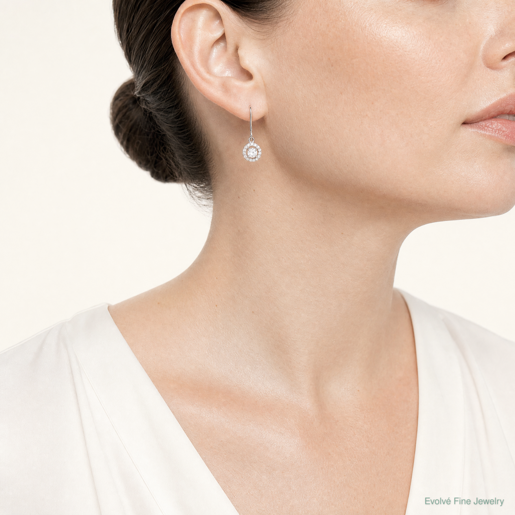Sterling Silver Rhodium-plated Polished Round CZ Halo Dangle Earrings - Model Shot