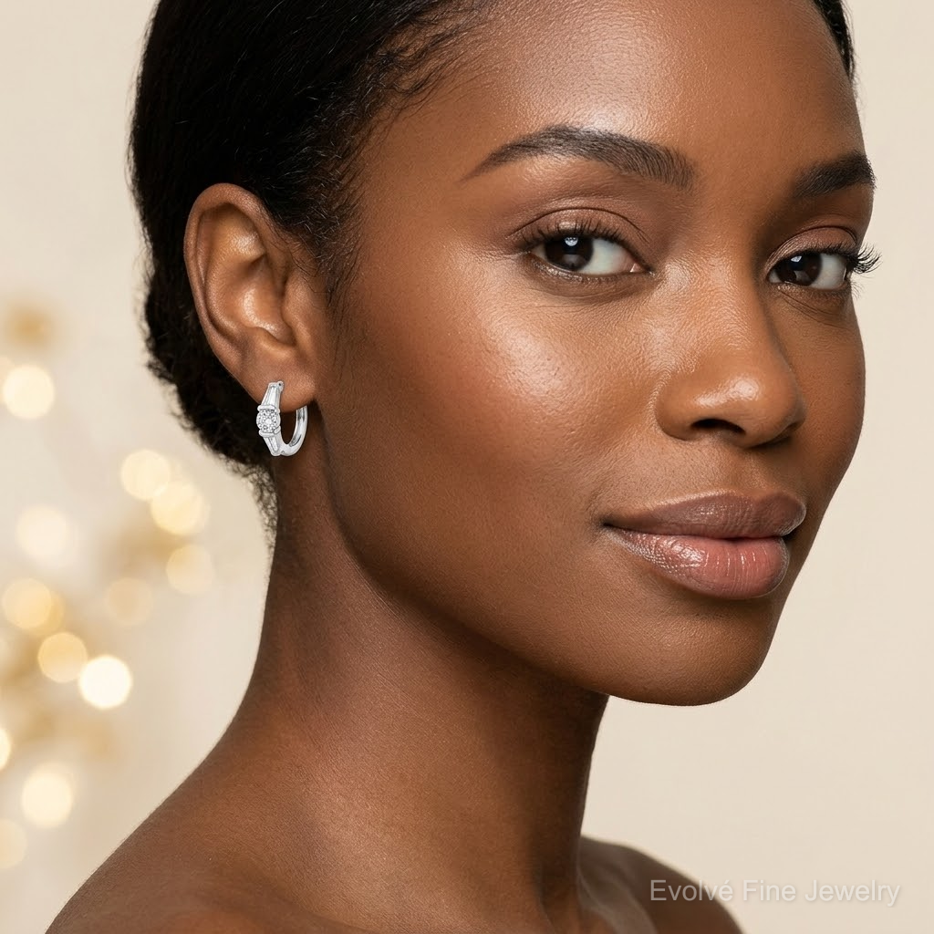 Sterling Silver Rhodium-plated CZ Hinged Hoop Earrings - Model Shot