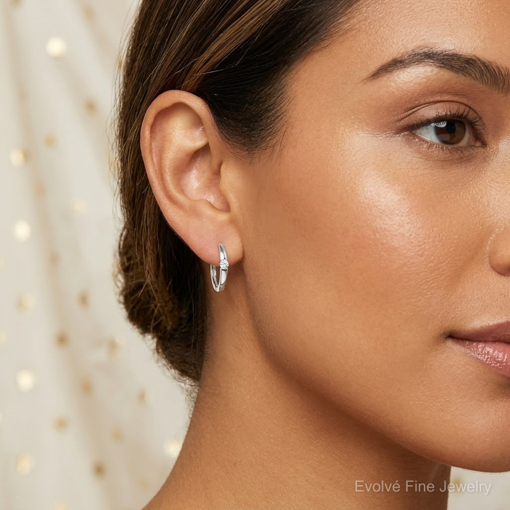 Sterling Silver E-Coating CZ Hinged Hoop Earrings - Model Shot