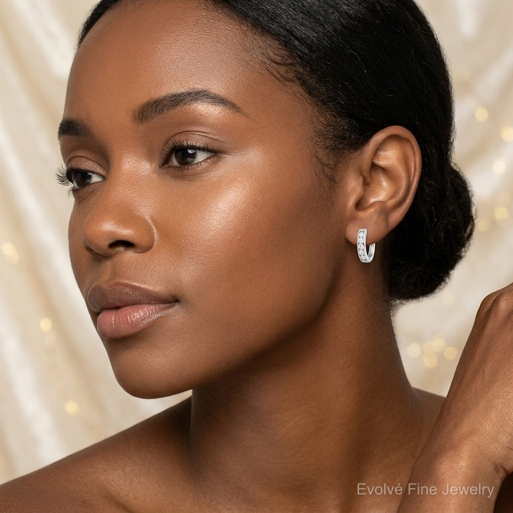 Sterling Silver Rhodium-plated 2mm CZ Hinged Hoop Earrings - Model Shot
