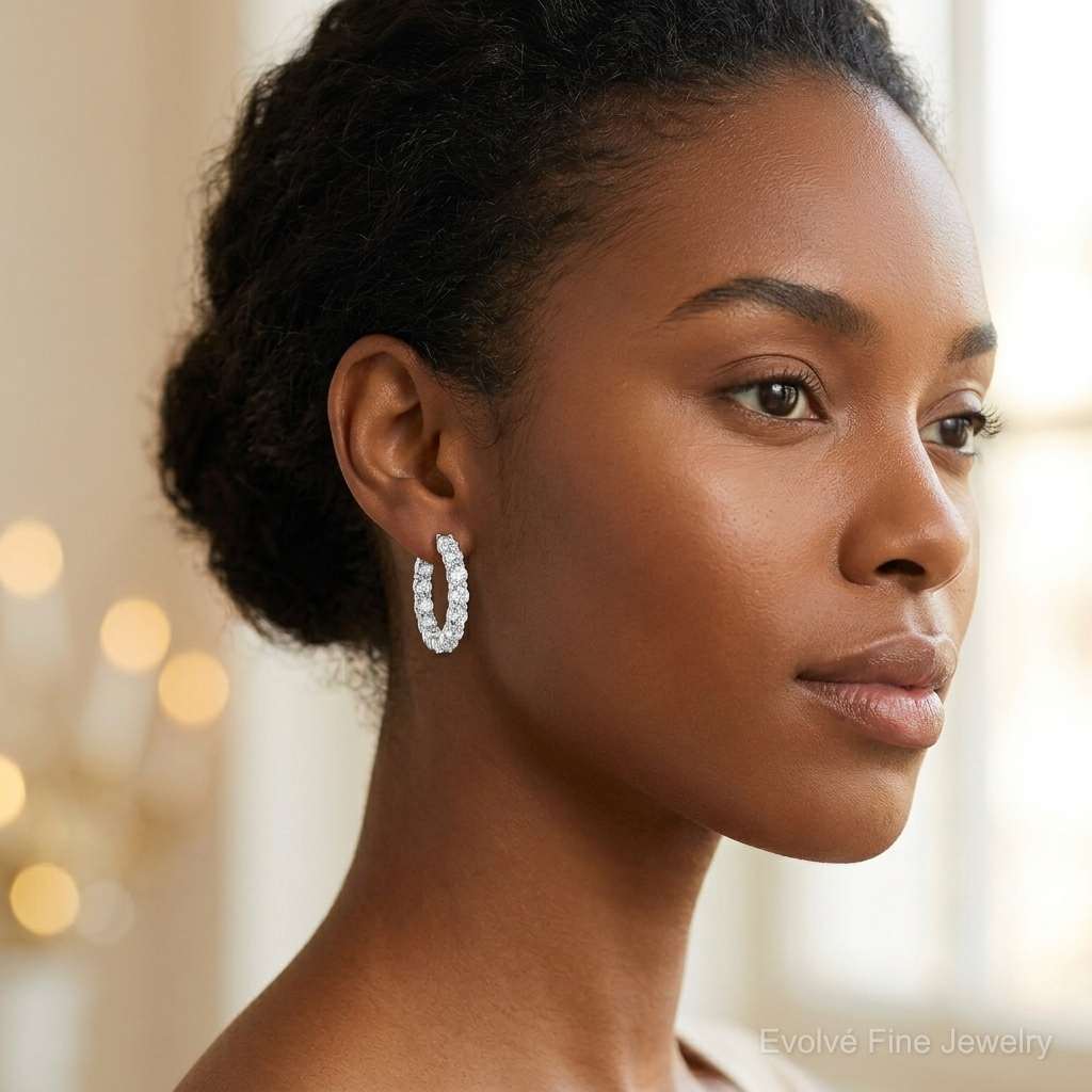 Sterling Silver Rhodium-plated In and Out CZ Hoop Earrings - Model Shot