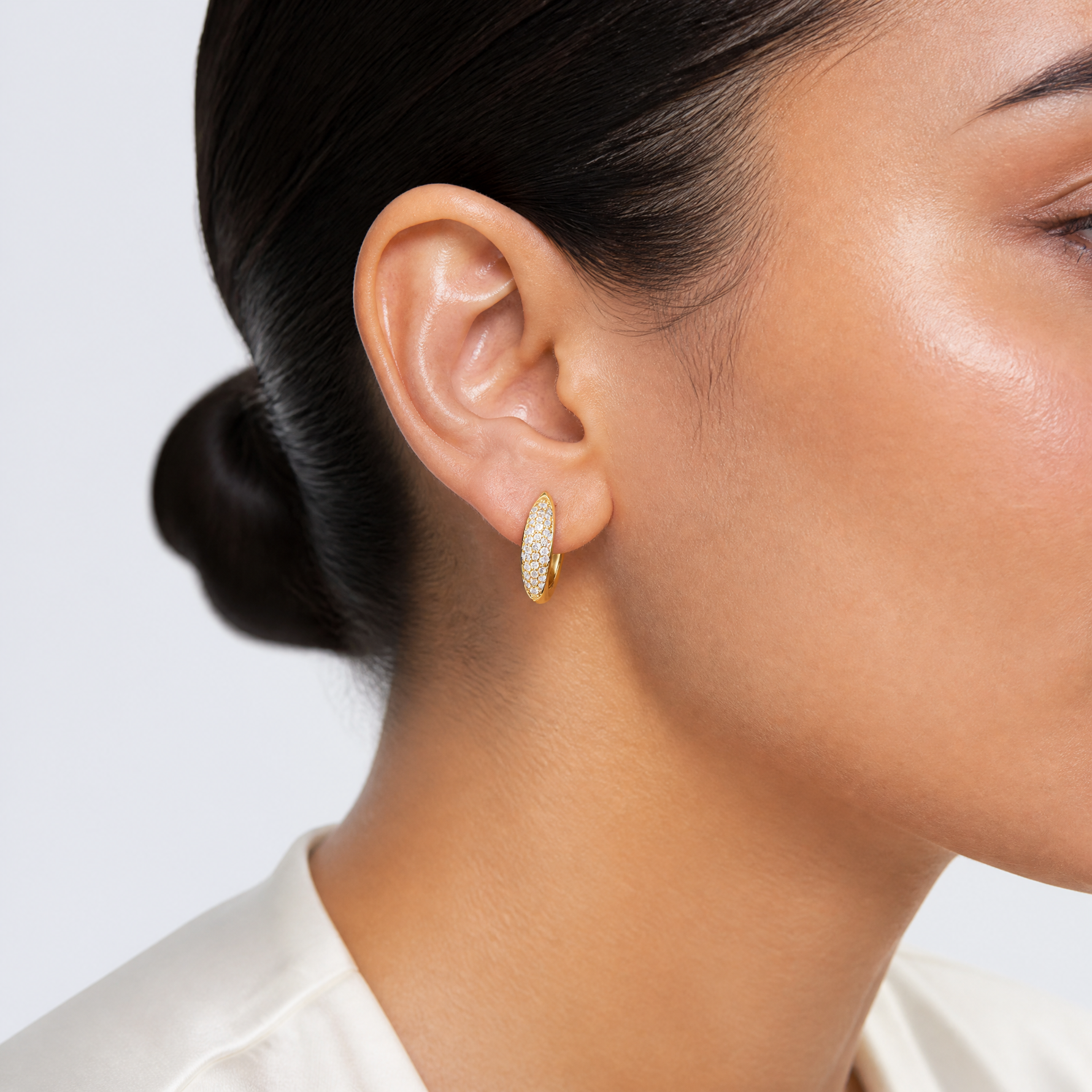 Sterling Silver Gold-tone Pavé CZ Hinged Huggie Hoop Earrings - Model Shot