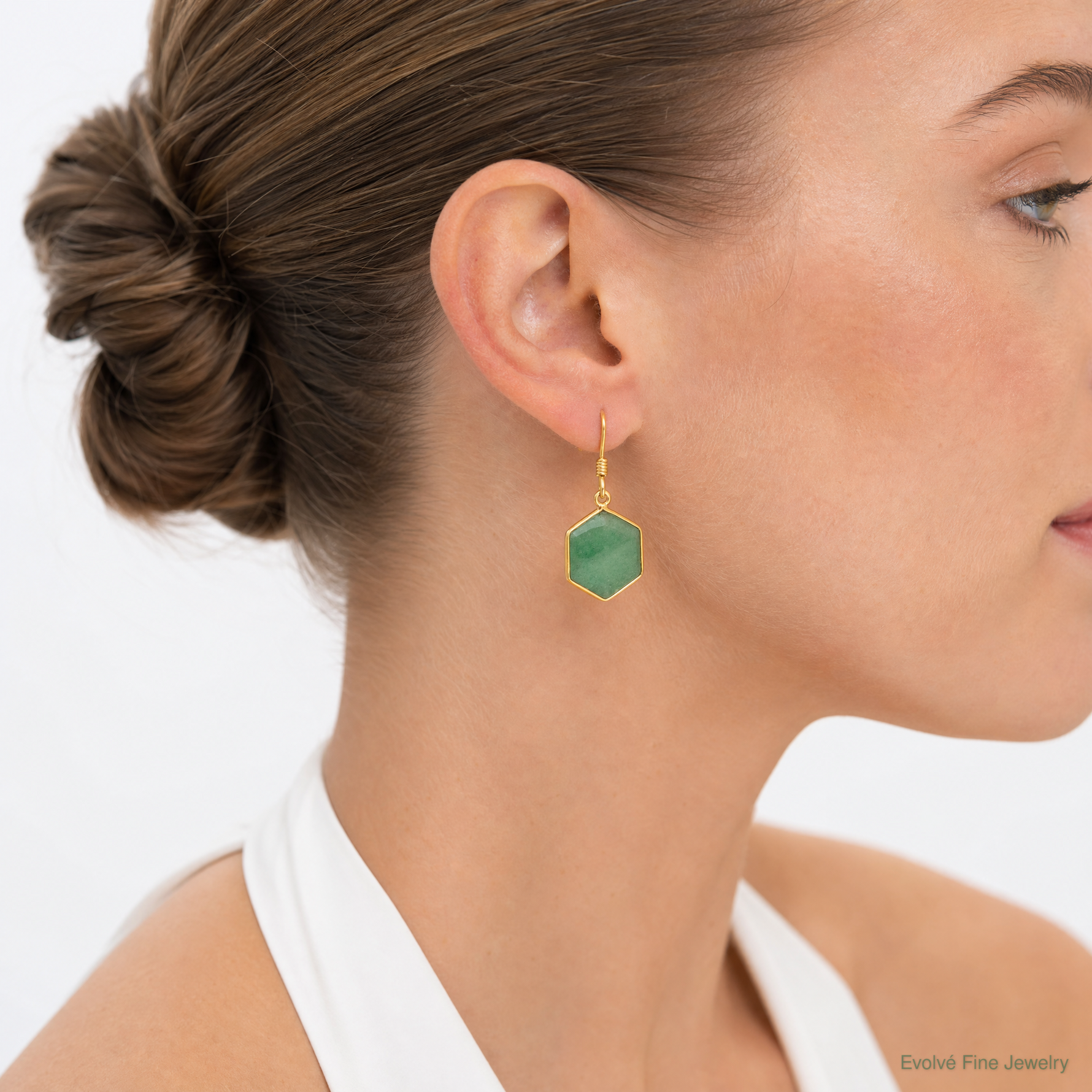Sterling Silver Gold-plated Polished Hexagon Aventurine Dangle Earrings - Model Shot