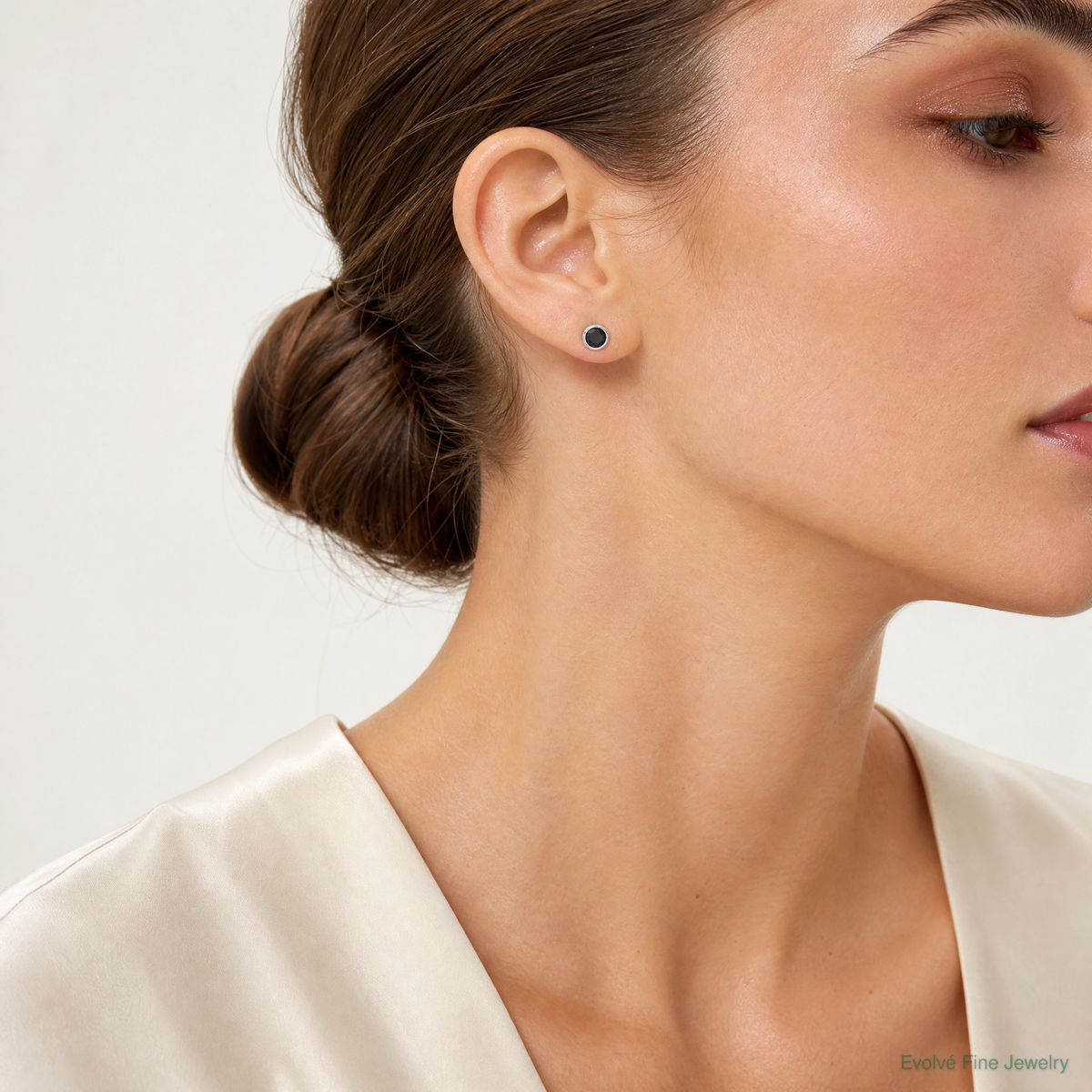 Sterling Silver Rhodium-plated Polished Black Spinel Bezel Stud Earrings - Model Shot