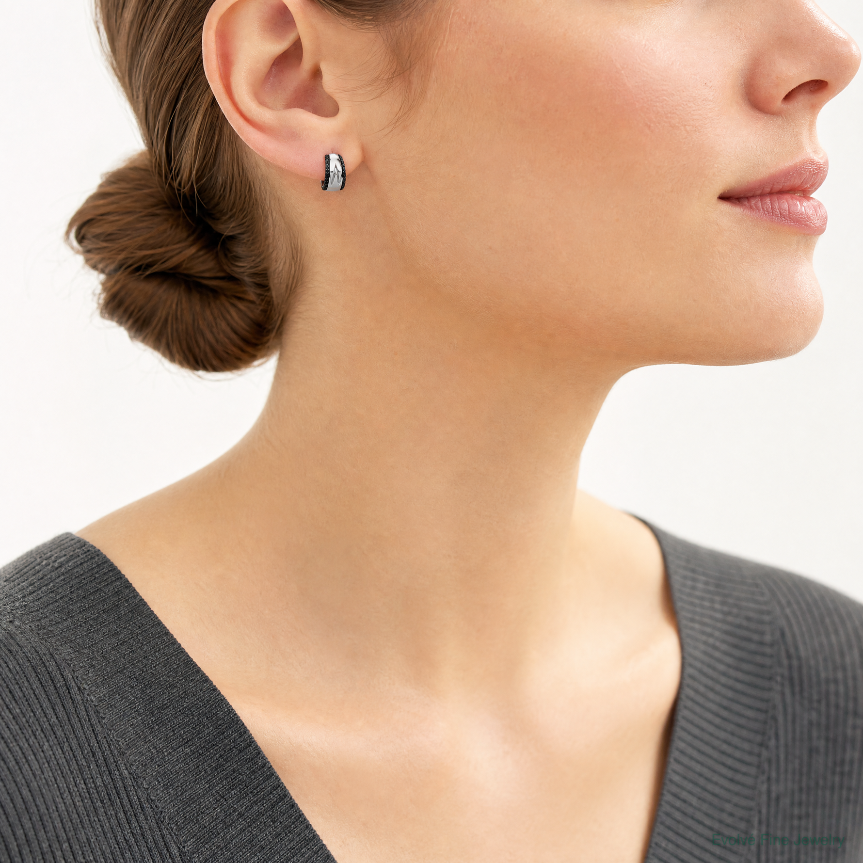 Sterling Silver RH-plated Polished Black Spinel Post C-Hoop Earrings - Model Shot