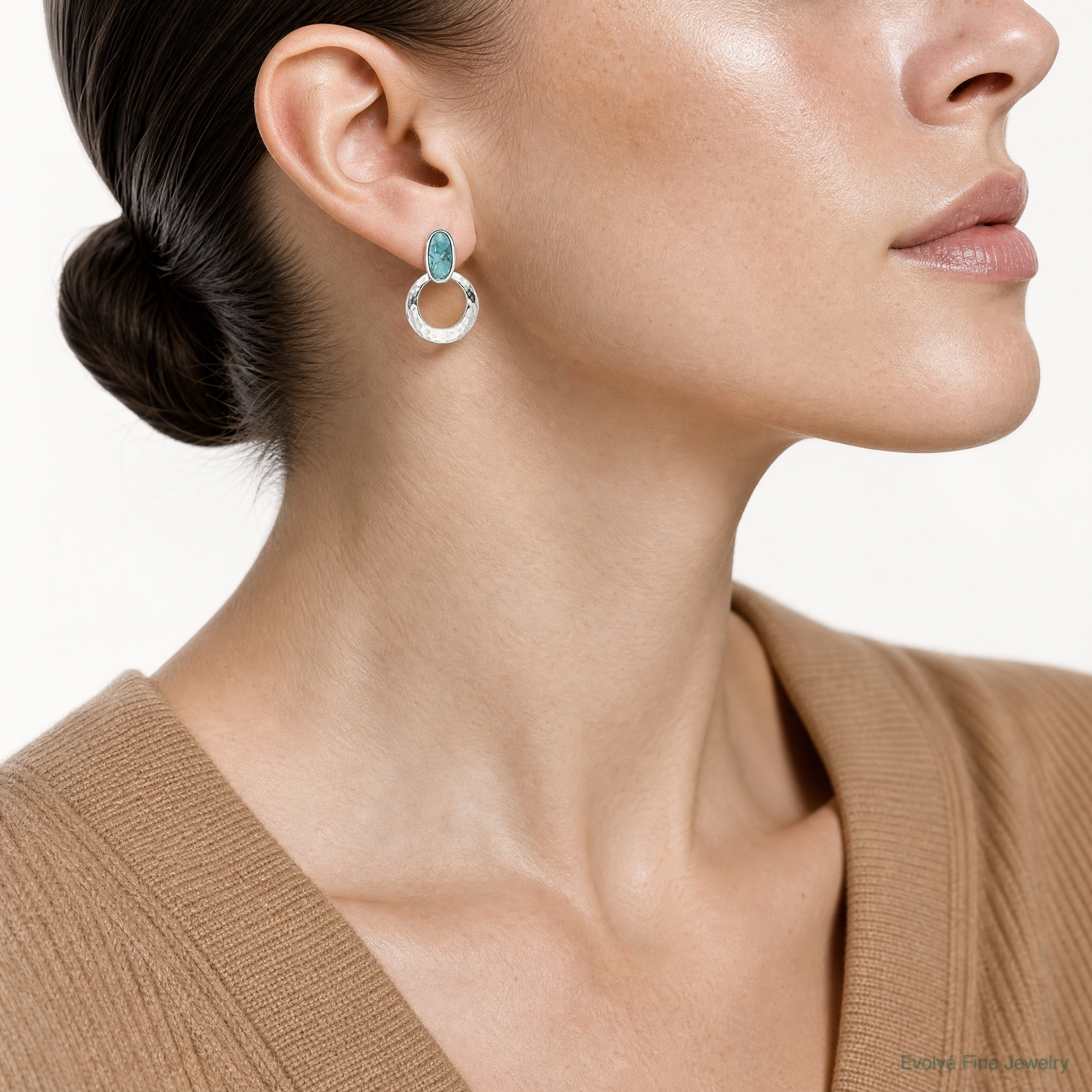 Sterling Silver Rhodium-plated Recon. Turquoise Post Dangle Earrings - Model Shot