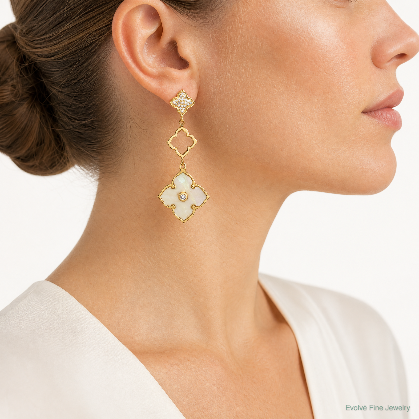 Sterling Silver Gold-tone Polished MOP & CZ Floral Post Dangle Earrings - Model Shot