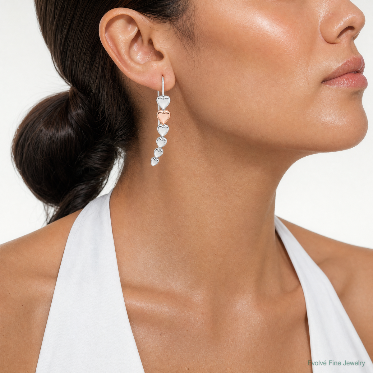 Sterling Silver and Rose-tone Polished Heart Shepherd Hook Earrings - Model Shot