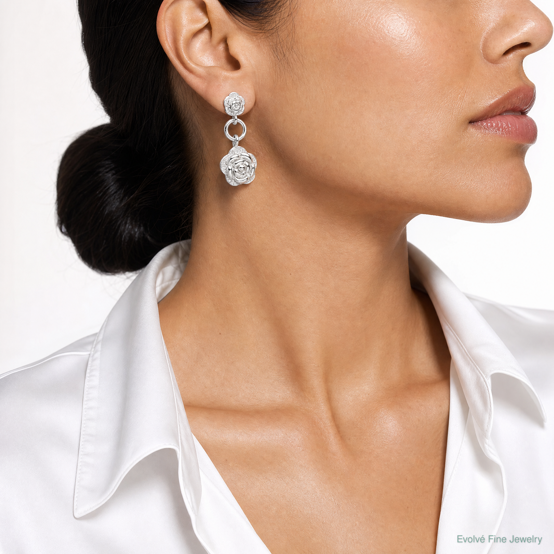 Sterling Silver E-Coating Rose Dangle Post Earrings - Model Shot
