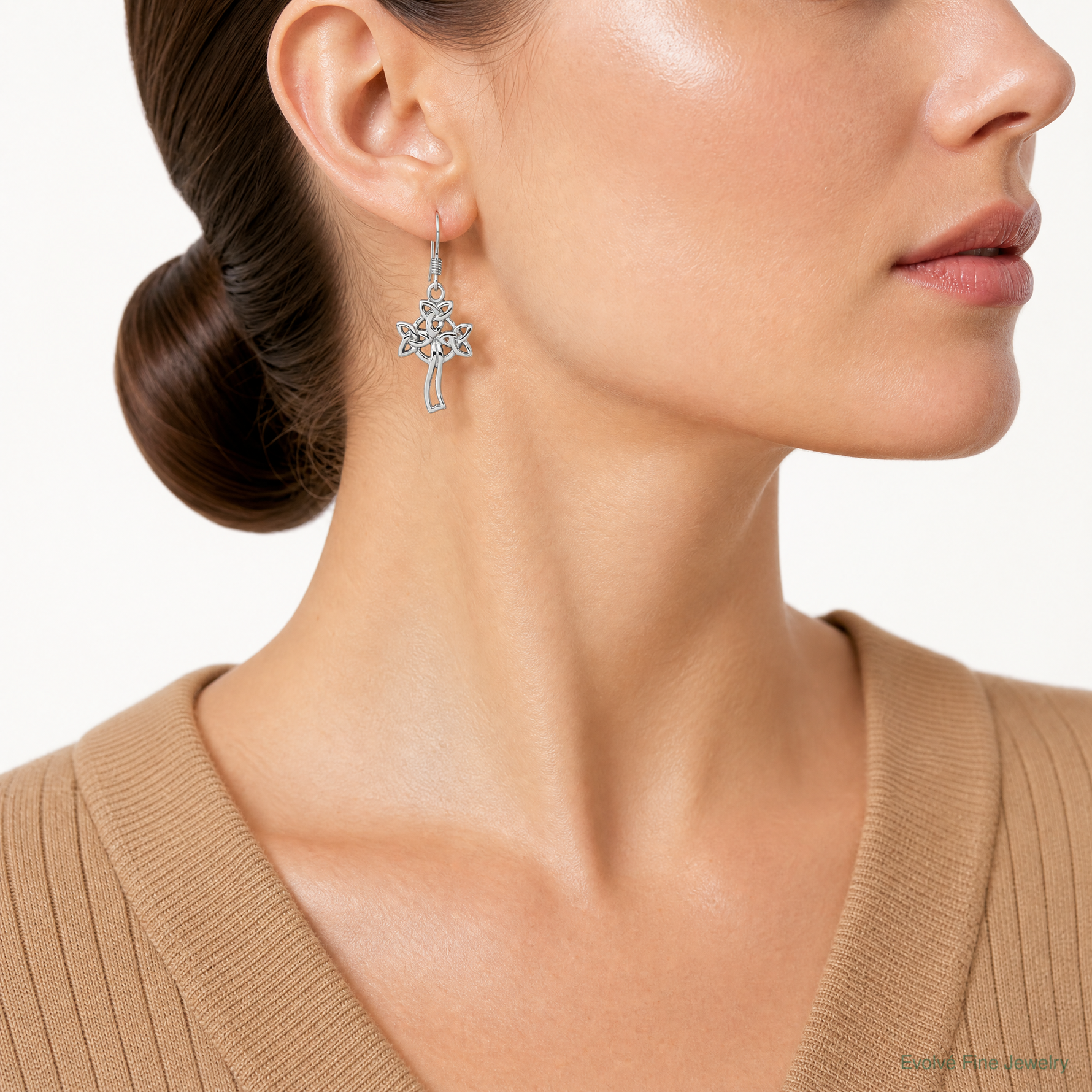 Sterling Silver Rhodium-Plated Polished Celtic Cross Dangle Earrings - Model Shot