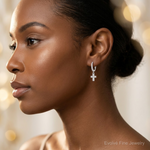 Sterling Silver RH-plated Polished CZ Cross Dangle Round Hoop Earrings - Model Shot