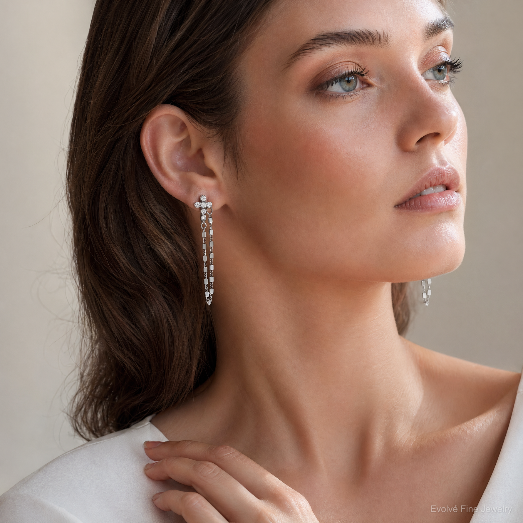 Sterling Silver RH-pltd CZ Cross w/Chain Front & Back Post Dangle Earrings - Model Shot
