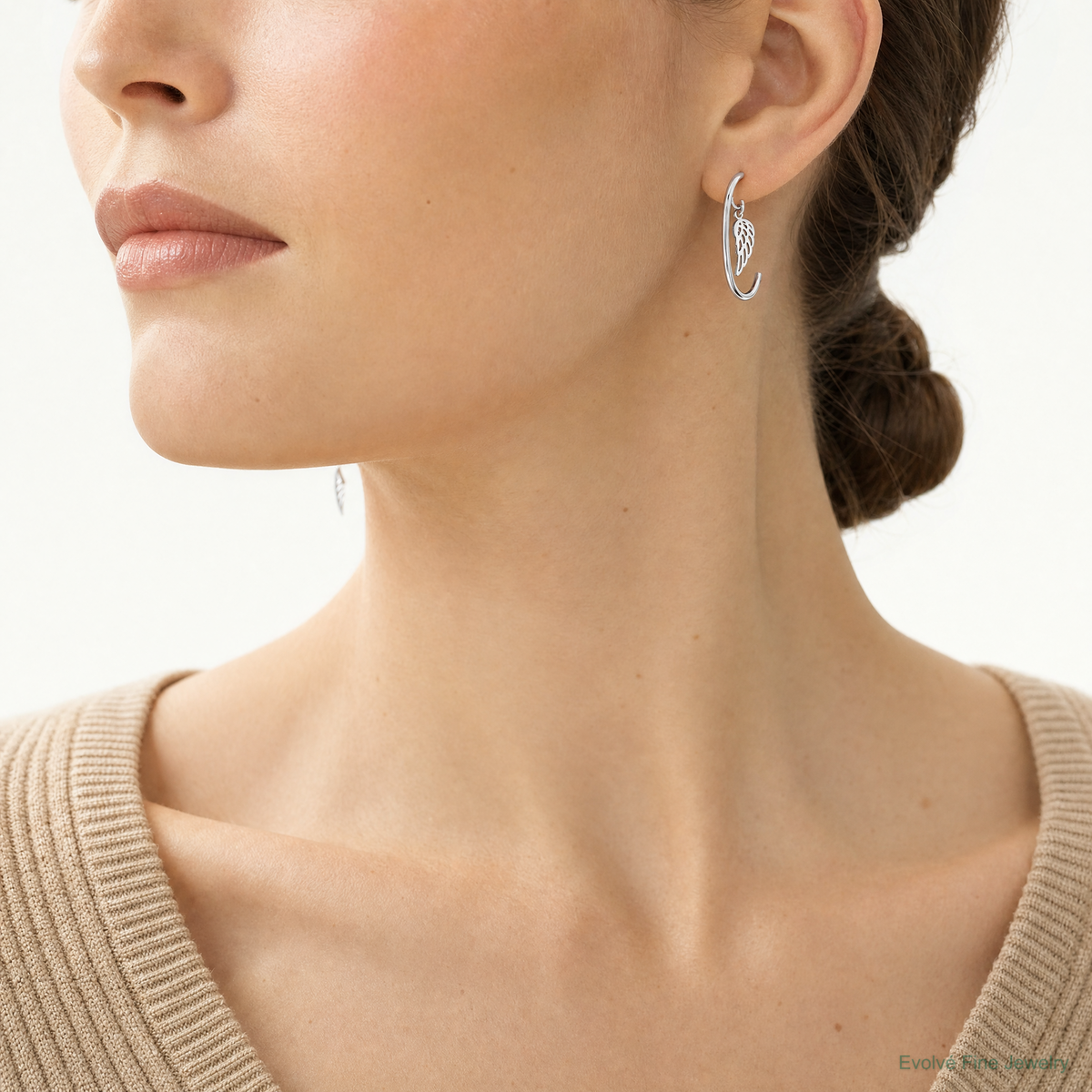 Sterling Silver RH-plated Polished Wings Dangle Post C-Hoop Earrings - Model Shot