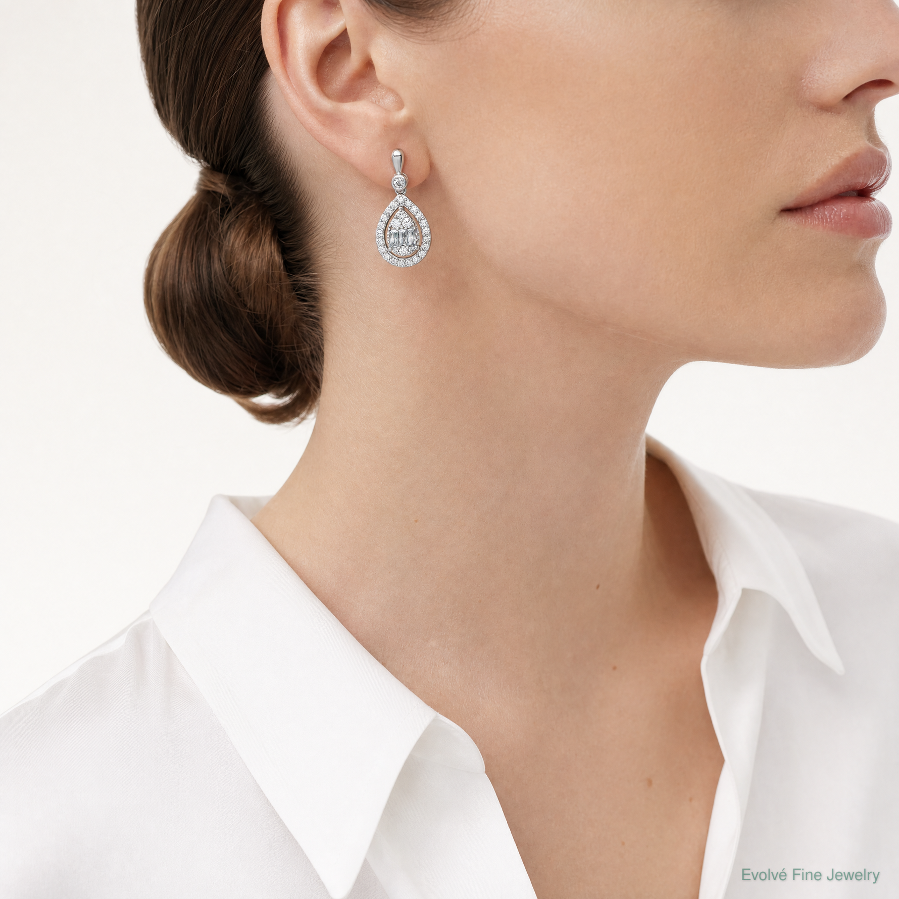 SS RH-plated Polished Fancy CZ Teardrop Post Dangle Earrings - Model Shot