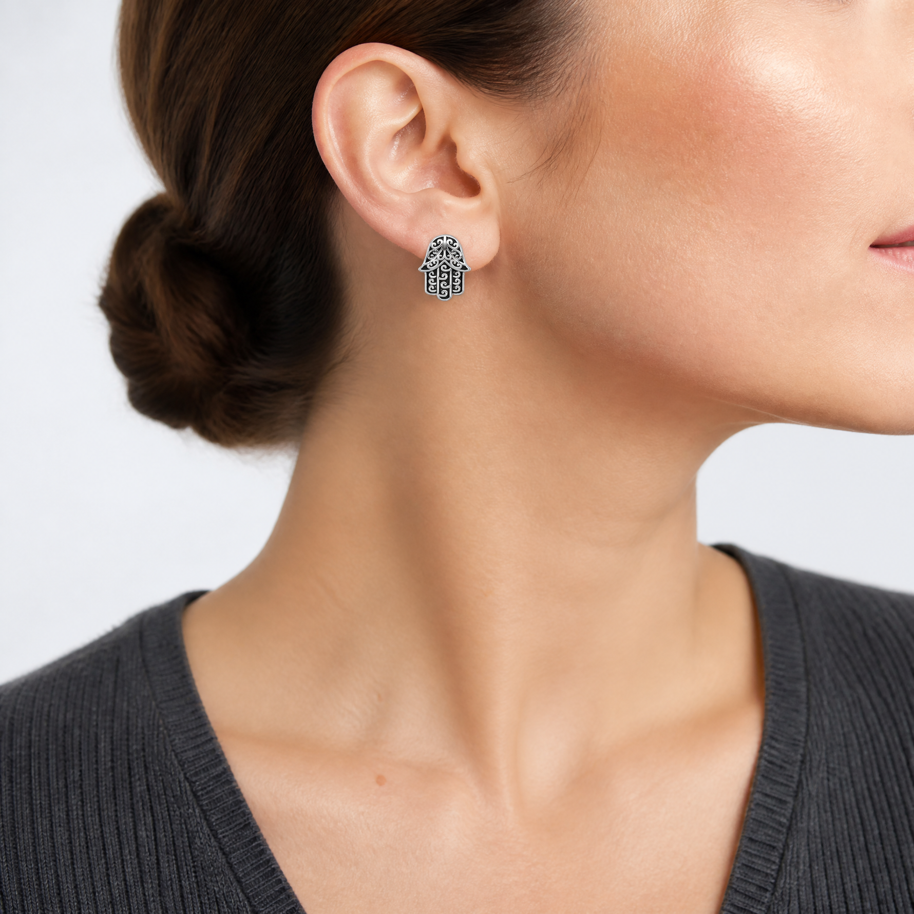 Sterling Silver RH-plated Polished/Oxidized Filigree Hamsa Post Earrings - Model Shot