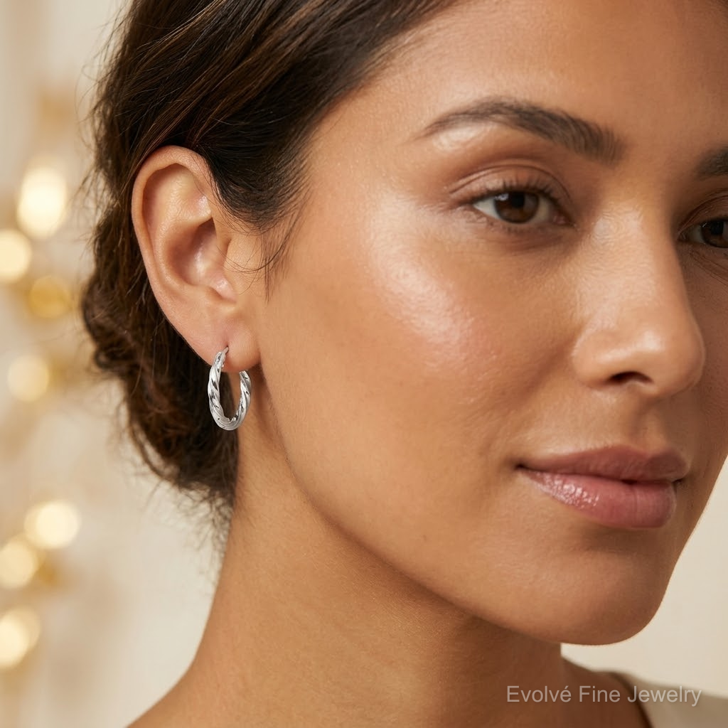 SS RH-pltd Polished Twisted 15.5x2.25mm Round Hoop Earrings - Model Shot