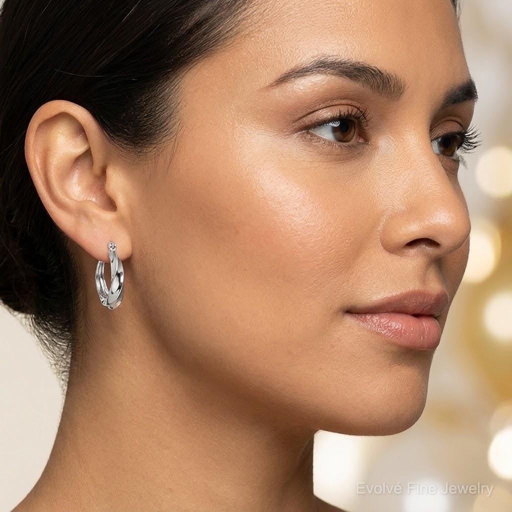 Sterling Silver Rhodium-plated Twisted Hoop Earrings - Model Shot