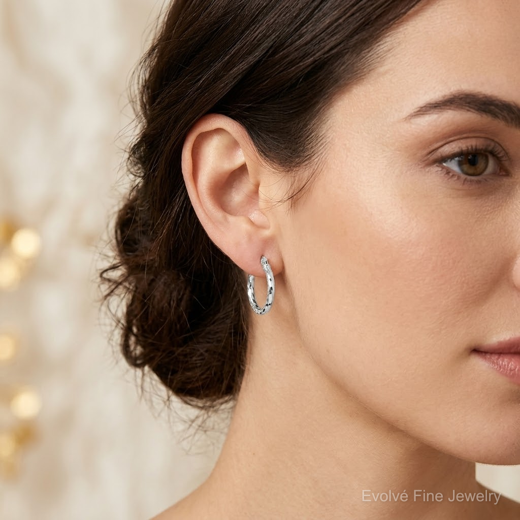 Sterling Silver Polished Diamond-cut 2.0mm Round Hoop Earrings - Model Shot