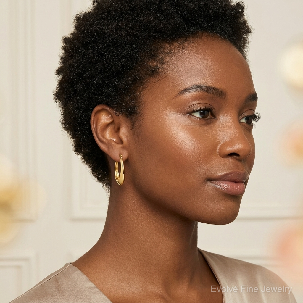 SS Gold-tone Polished Knife Edge Tapered Oval Hoop Earrings - Model Shot