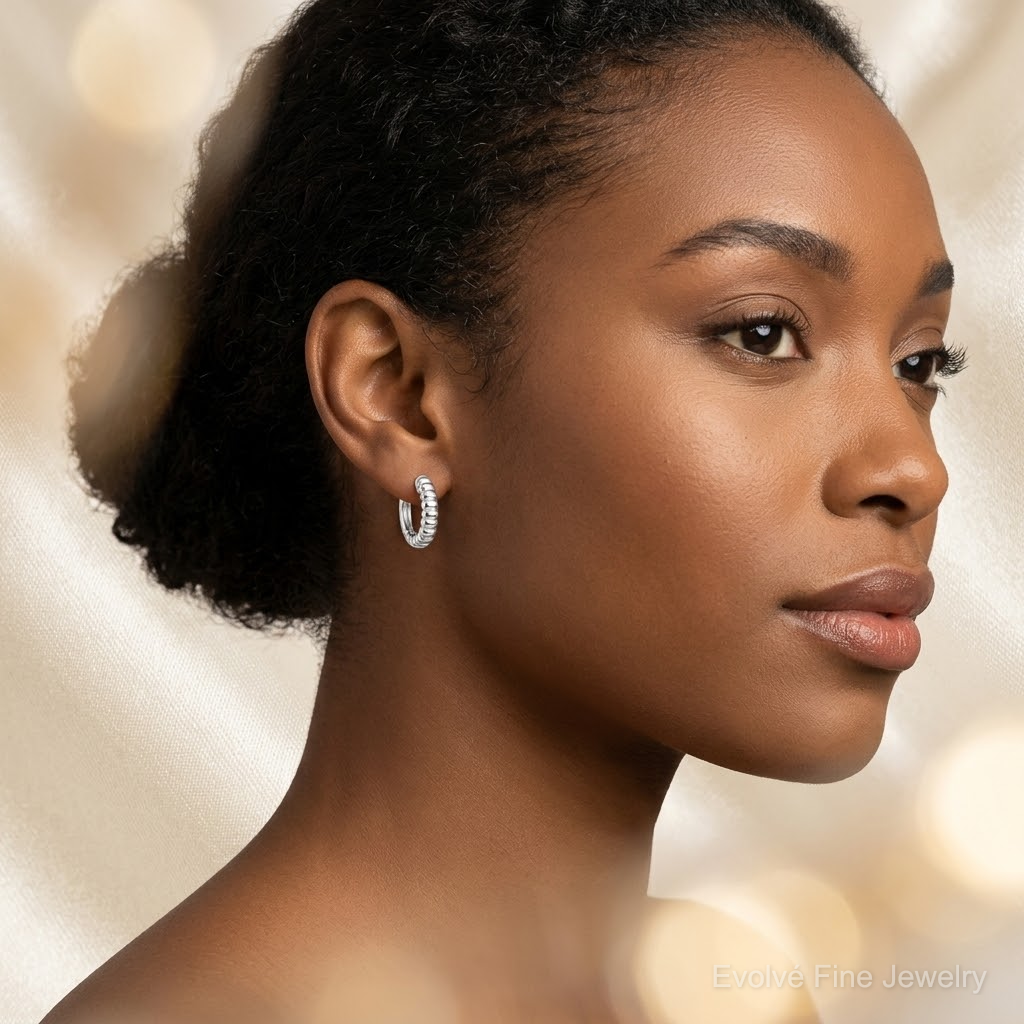 Sterling Silver RH-pltd Polished Grooved 3mm Round Hoop Earrings - Model Shot