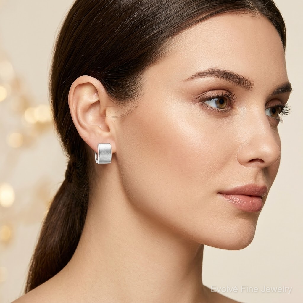 Sterling Silver Rhodium-plated Brushed Square Hinged Hoop Earrings - Model Shot